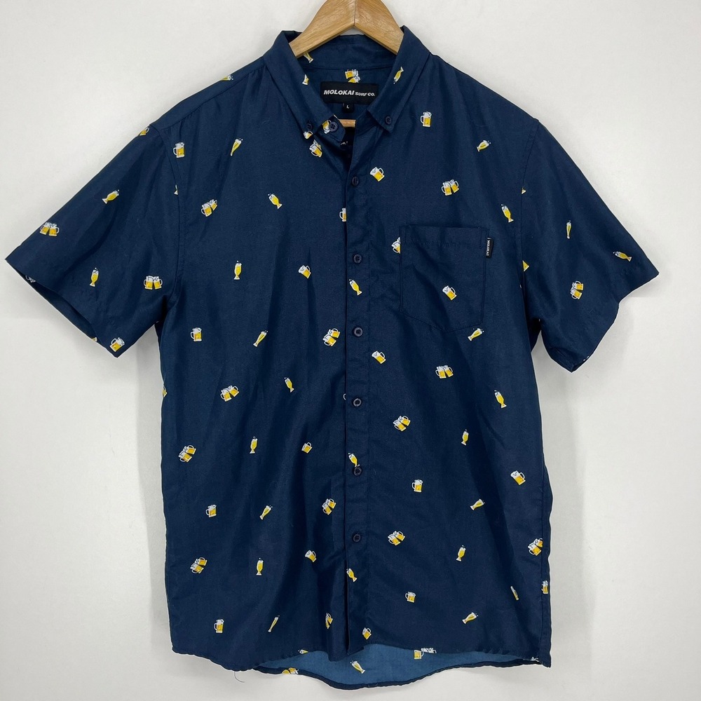 Molokai Surf Co Mens Navy Blue Beer Mug Print Short Sleeve Button Down Shirt‎ L